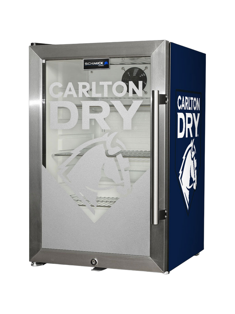 Carlton Dry Tropical Glass Door Mini Bar Fridge 80 Cans Left Hinged