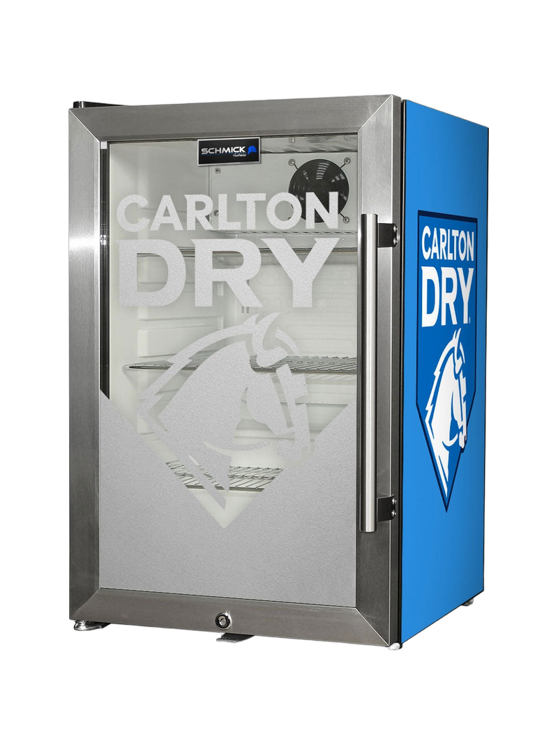 Carlton Dry Mid Blue Tropical Glass Door Mini Bar Fridge, 80 Cans