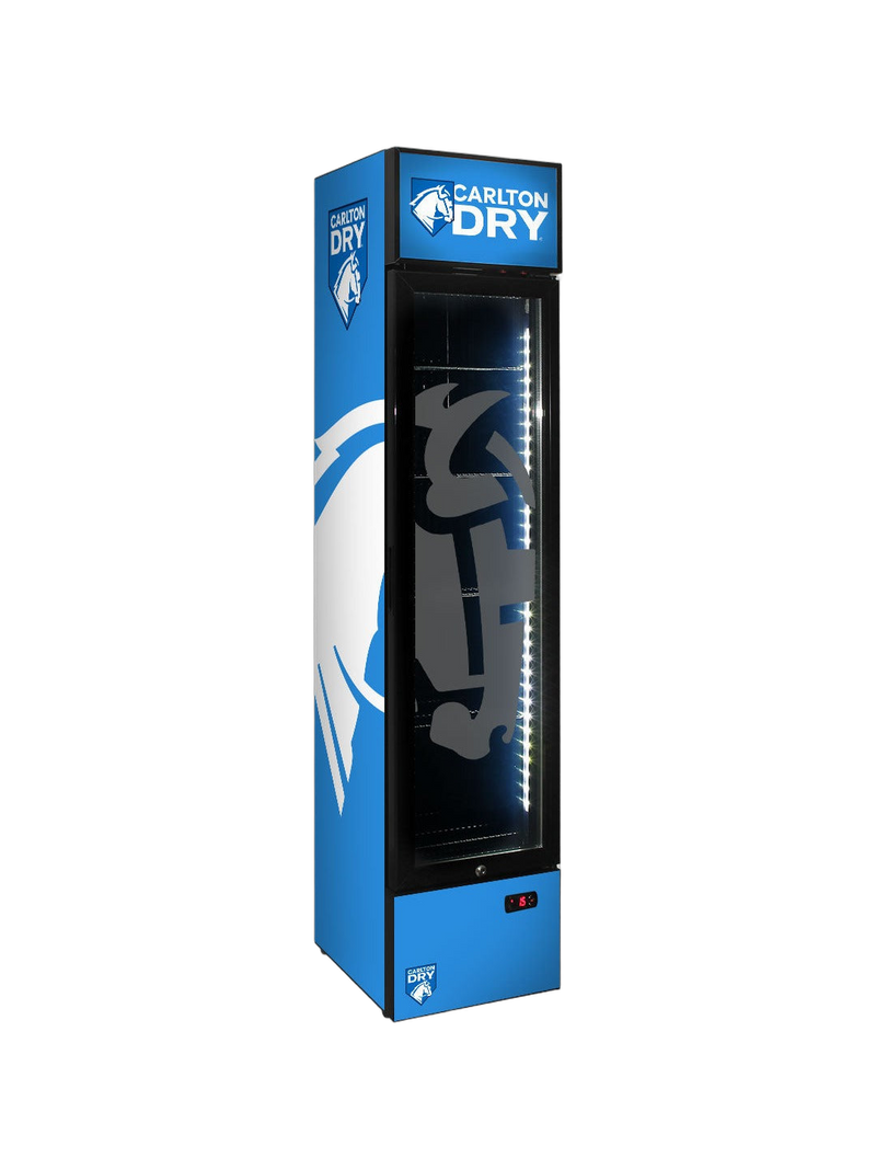 Carlton Dry Mid Blue Skinny Upright Bar Fridge