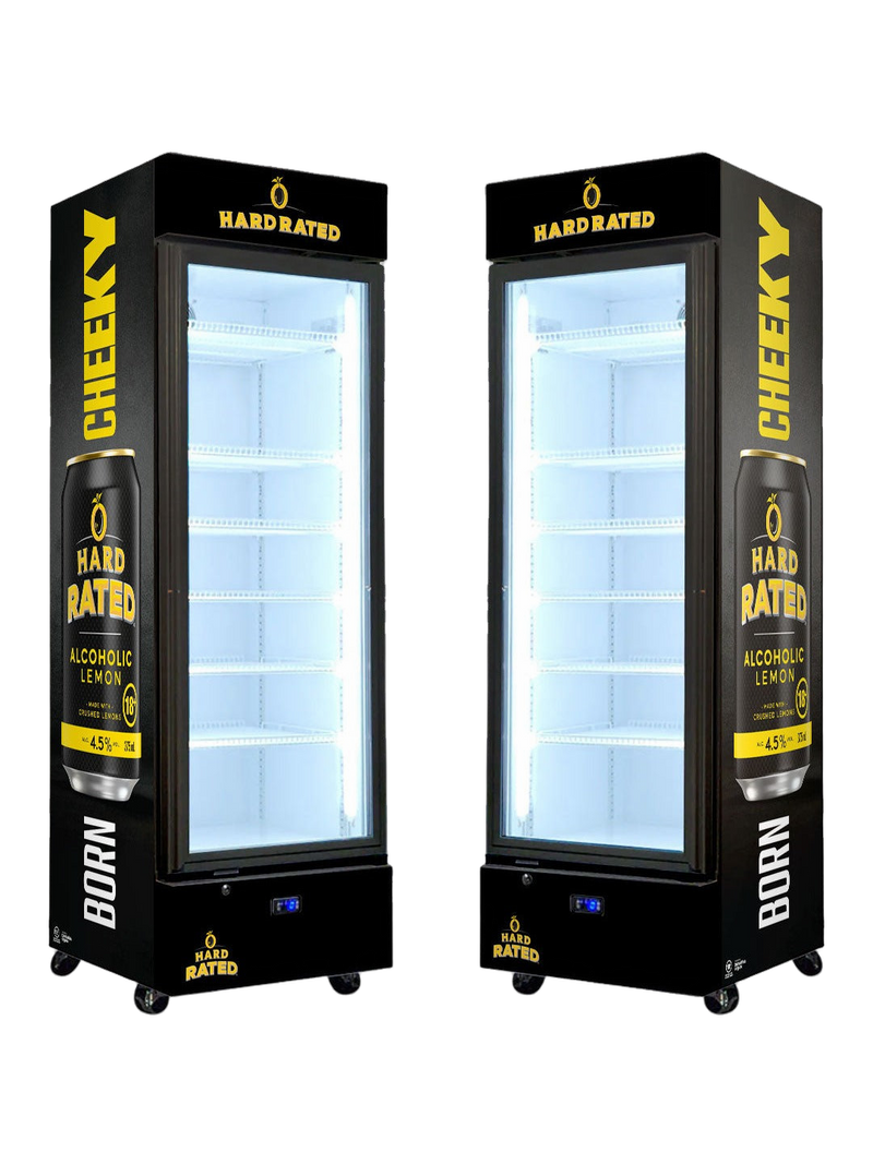 Hard Rated Upright Quiet Running Black Glass Door Bar Fridge