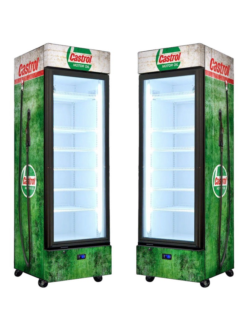 Castrol Fuel Pump Upright Quiet Running Black Glass Door Bar Fridge