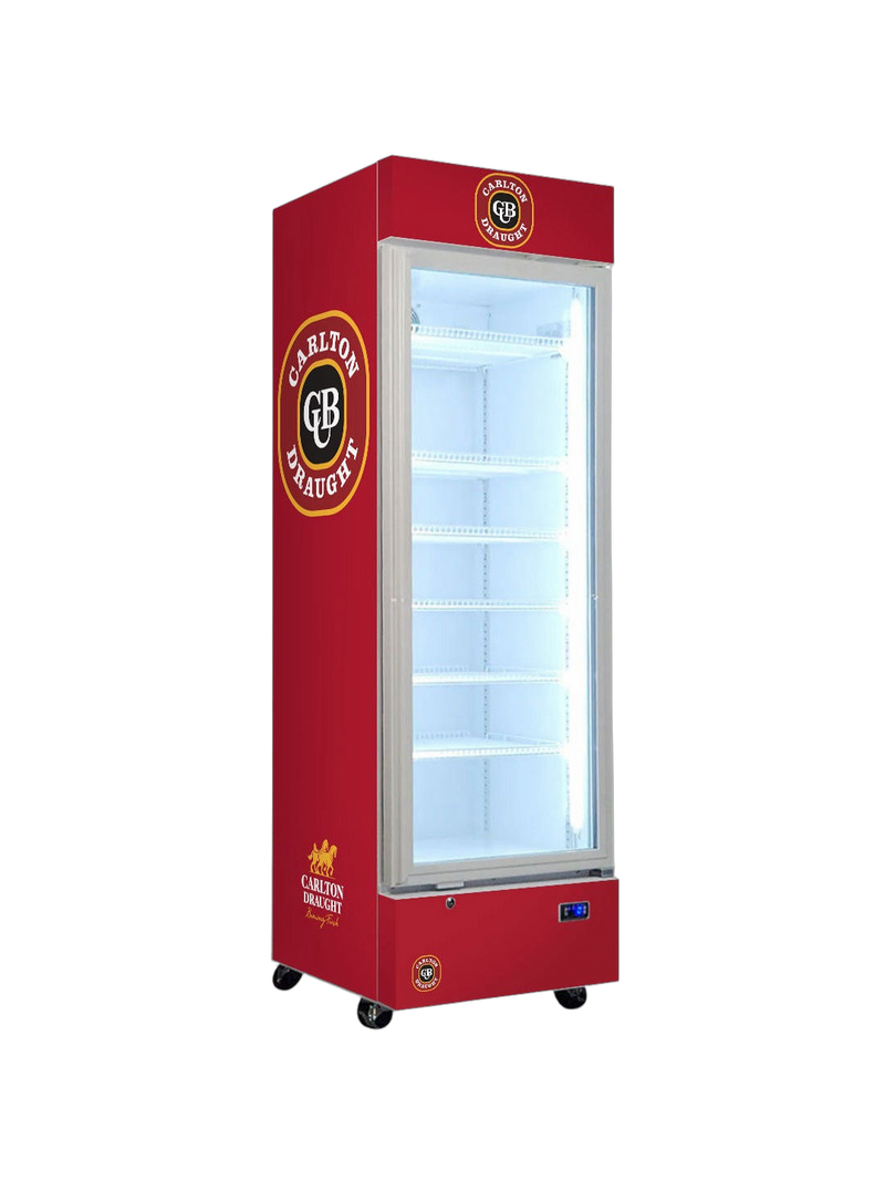 Carlton Draught Upright Quiet Running Glass Door Bar Fridge