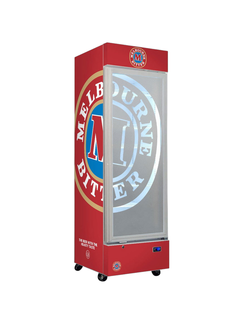 Melbourne Bitter Upright Quiet Running Glass Door Bar Fridge