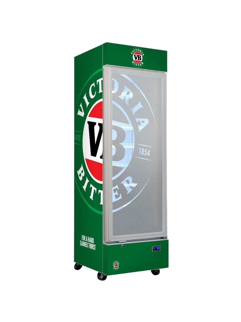 Victoria Bitter Upright Quiet Running Glass Door Bar Fridge