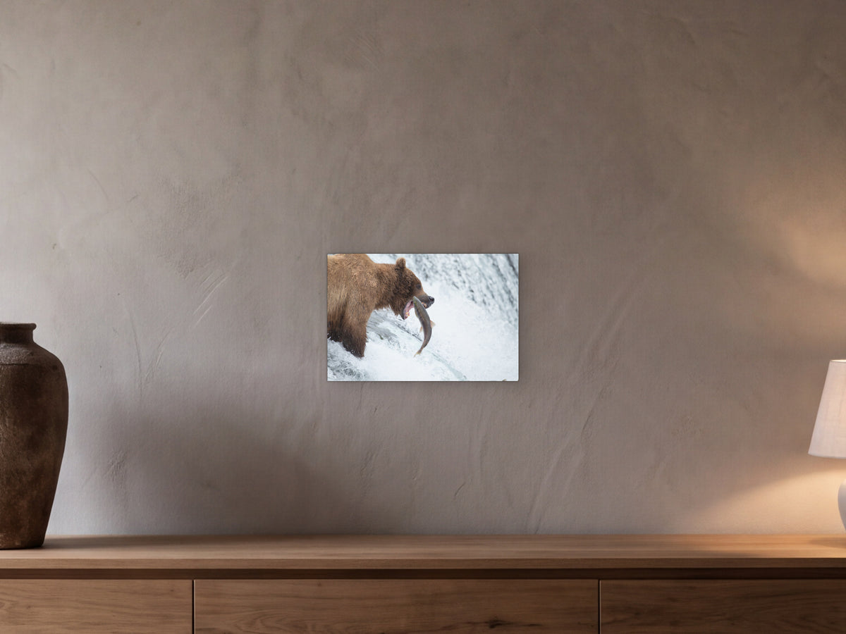 Bear grabs salmon, Brooks Falls shown in a beamed room with a greige plaster wall above a long oak sideboard - scale render at 45 × 30 cm