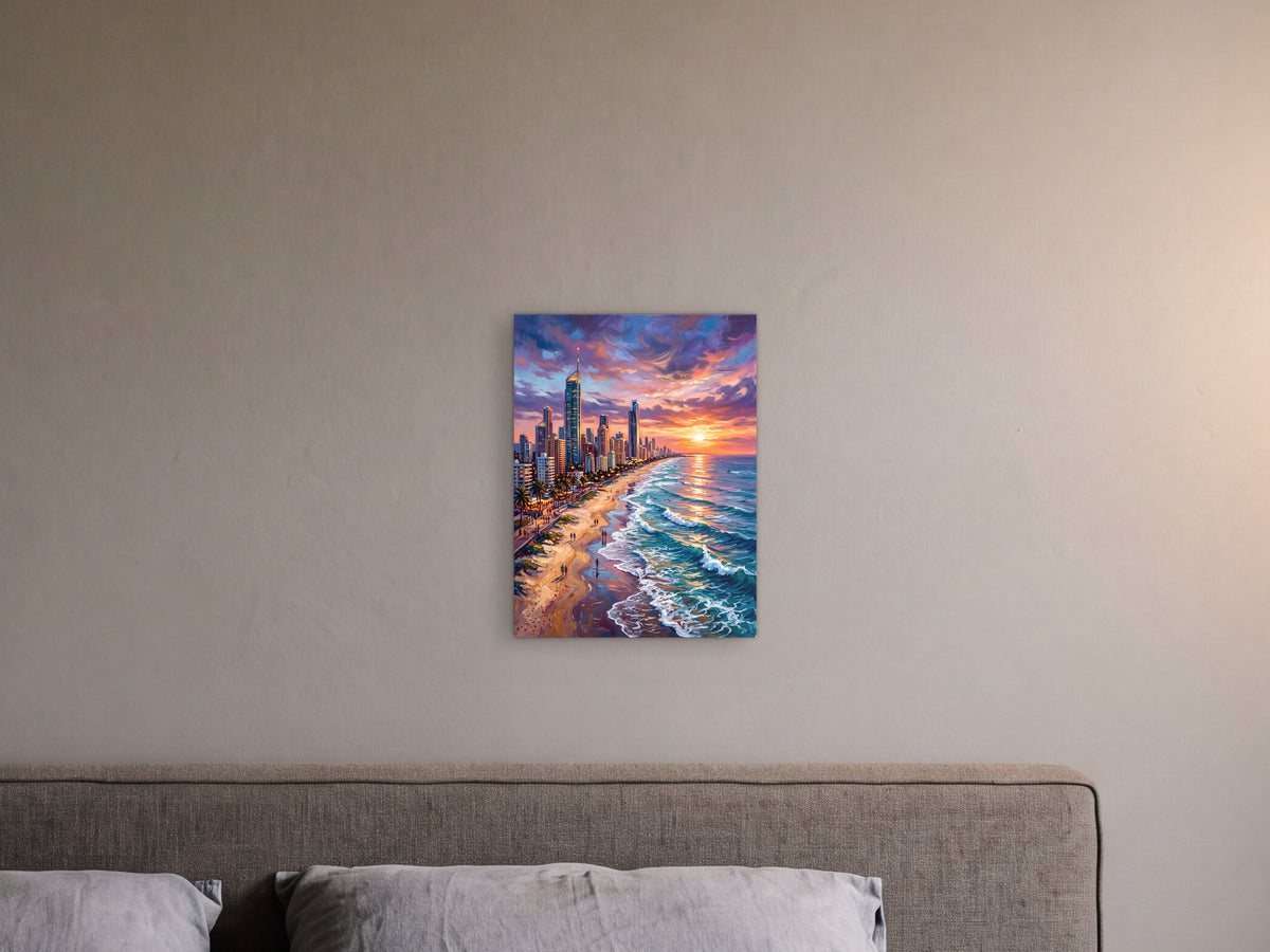 Gold Coast: Sunset Run - Metal Print 30x40cm shown in a dark bedroom with a warm plaster wall - scale render at 30 x 40 cm