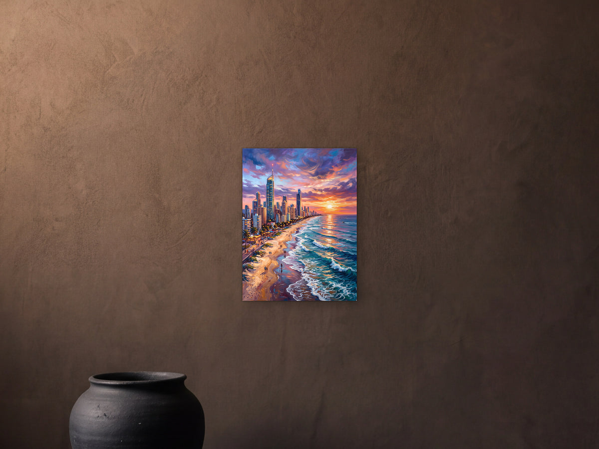 Gold Coast: Sunset Run - Metal Print 30x40cm shown in a dark room with an umber plaster wall and a stone plinth - scale render at 30 x 40 cm