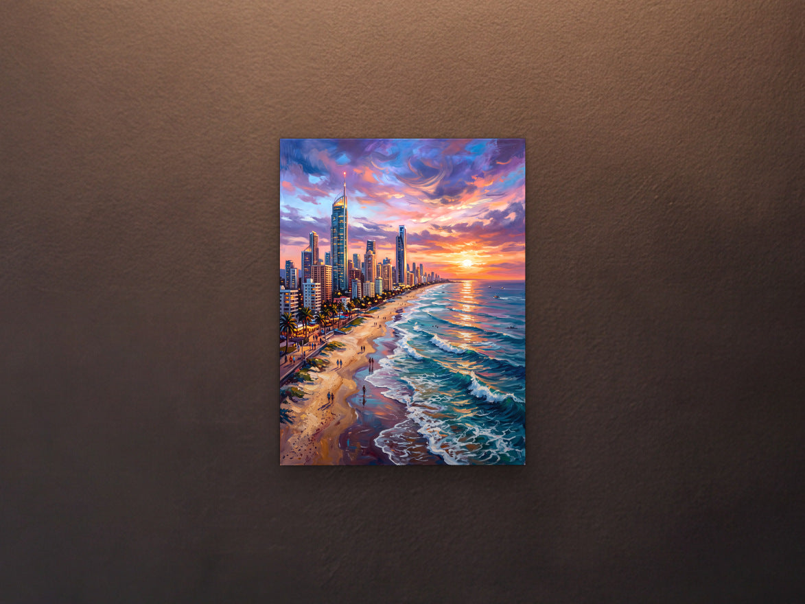 Gold Coast: Sunset Run - Metal Print 30x40cm shown in a black salon wall under a picture light - scale render at 30 x 40 cm