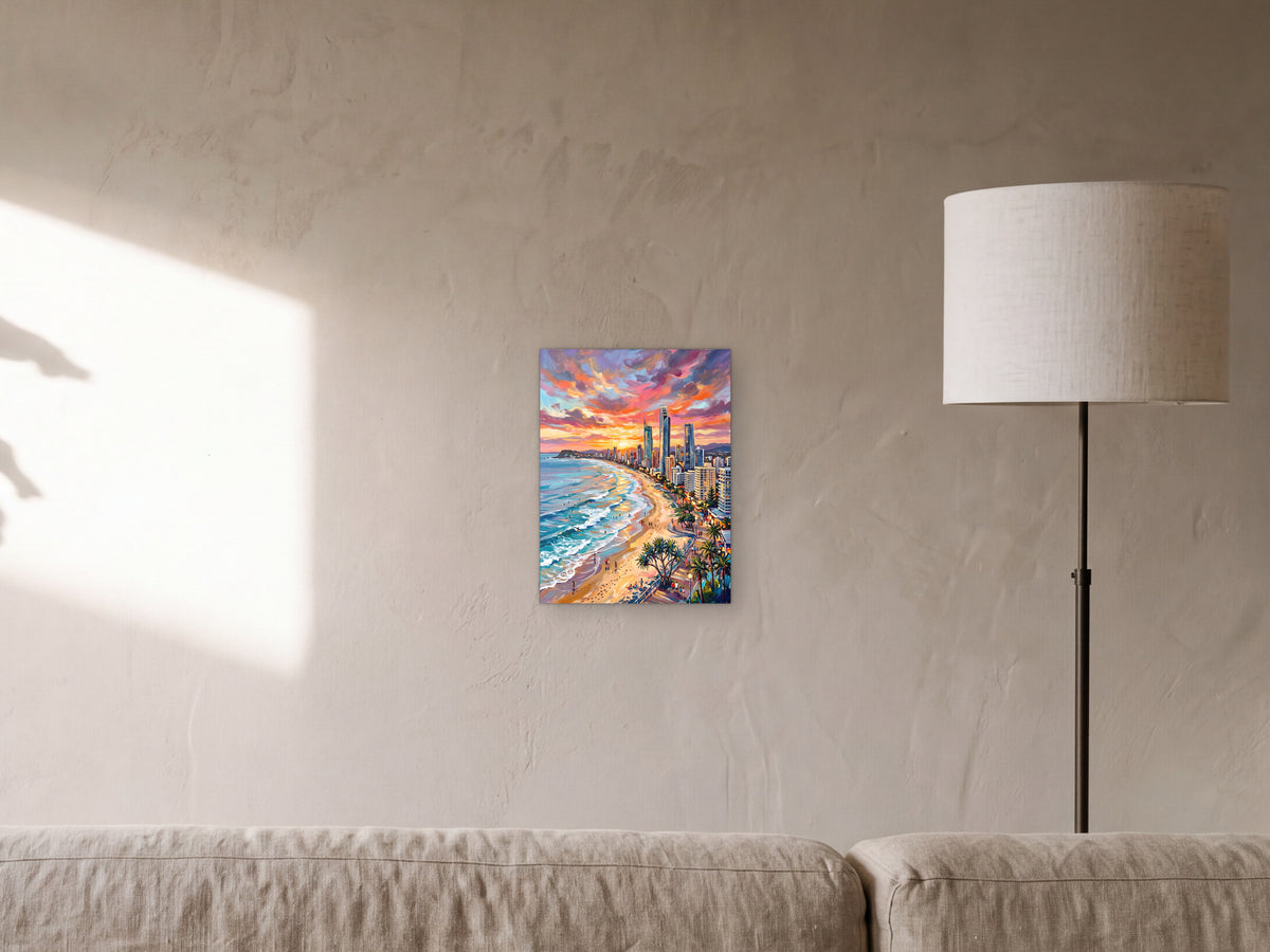 Gold Coast: The Long Beach - Metal Print 30x40cm shown in a sunlit limewash living room with a leaf shadow on the wall - scale render at 30 x 40 cm