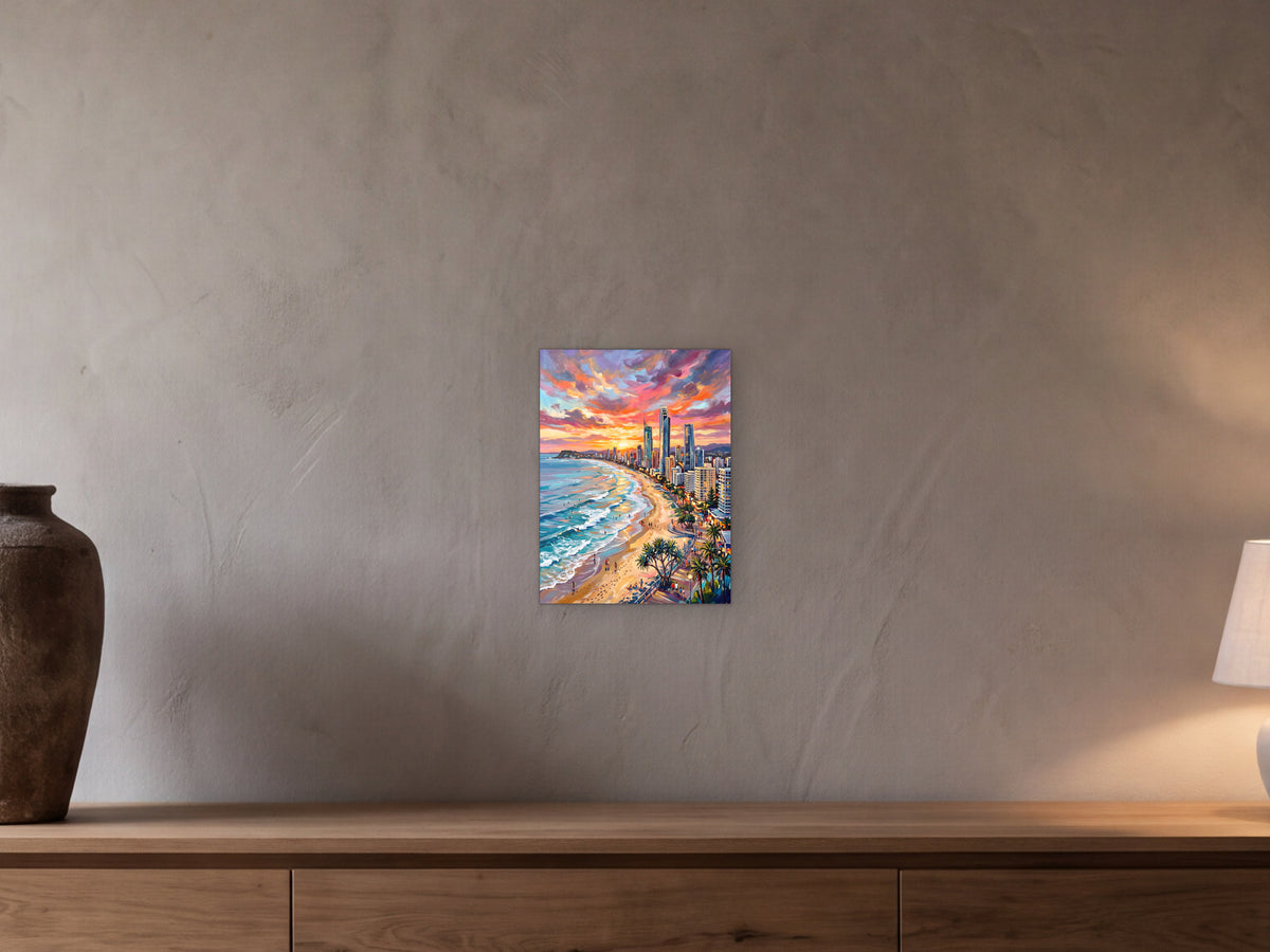 Gold Coast: The Long Beach - Metal Print 30x40cm shown in a beamed room with a greige plaster wall above a long oak sideboard - scale render at 30 x 40 cm