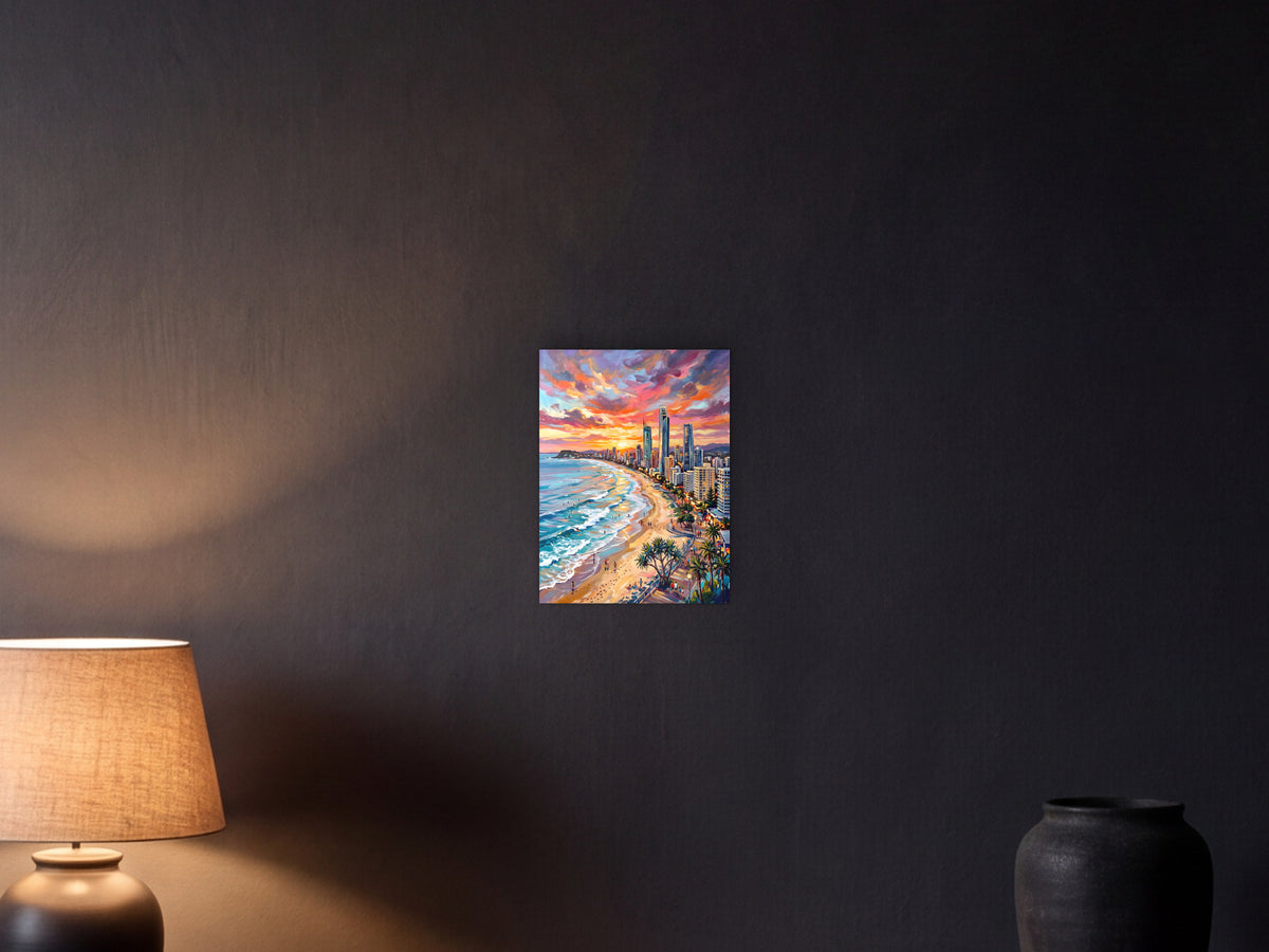 Gold Coast: The Long Beach - Metal Print 30x40cm shown in a graphite plaster wall at night, lit by a console lamp - scale render at 30 x 40 cm
