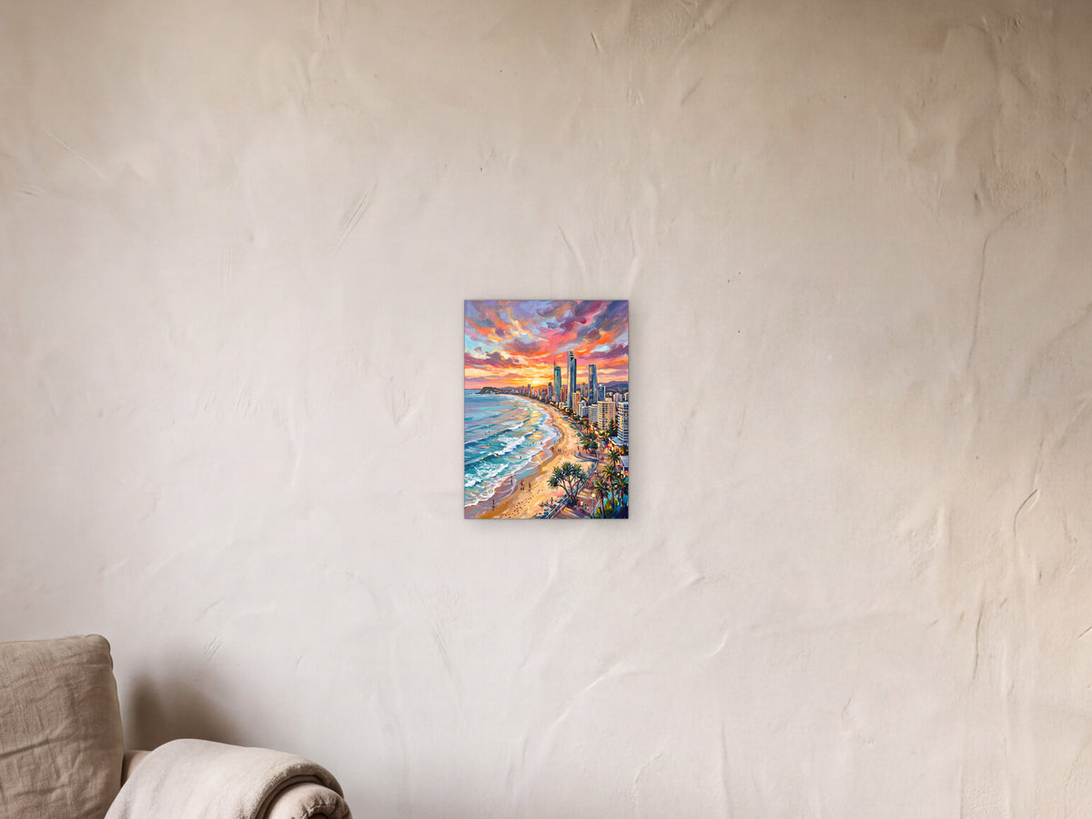 Gold Coast: The Long Beach - Metal Print 30x40cm shown in a limewash reading corner beside an armchair and a floor lamp - scale render at 30 x 40 cm