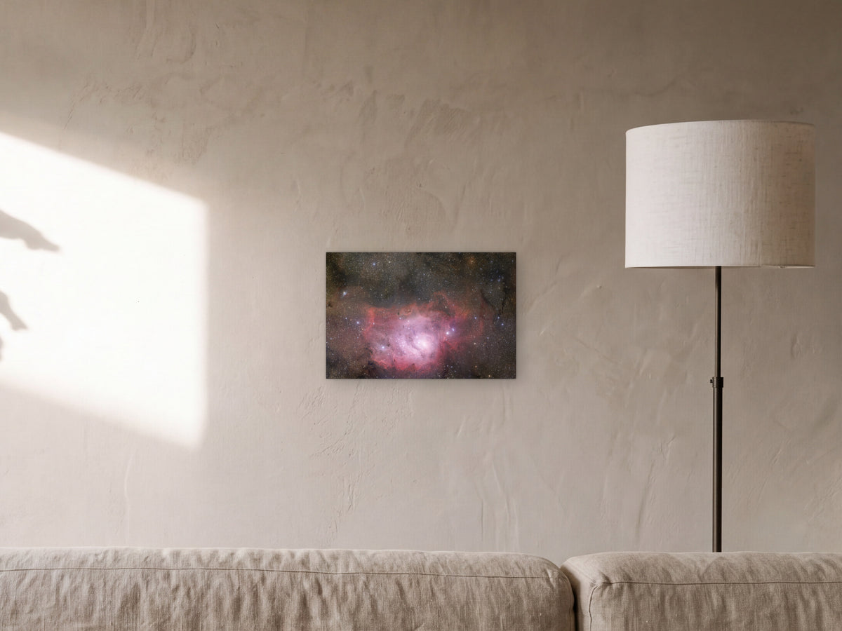 Lagoon Nebula shown in a sunlit limewash living room with a leaf shadow on the wall - scale render at 45 × 30 cm