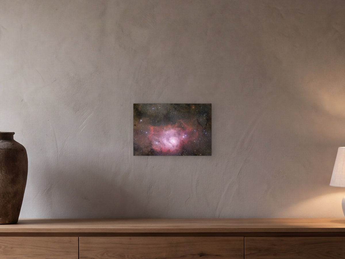 Lagoon Nebula shown in a beamed room with a greige plaster wall above a long oak sideboard - scale render at 45 × 30 cm