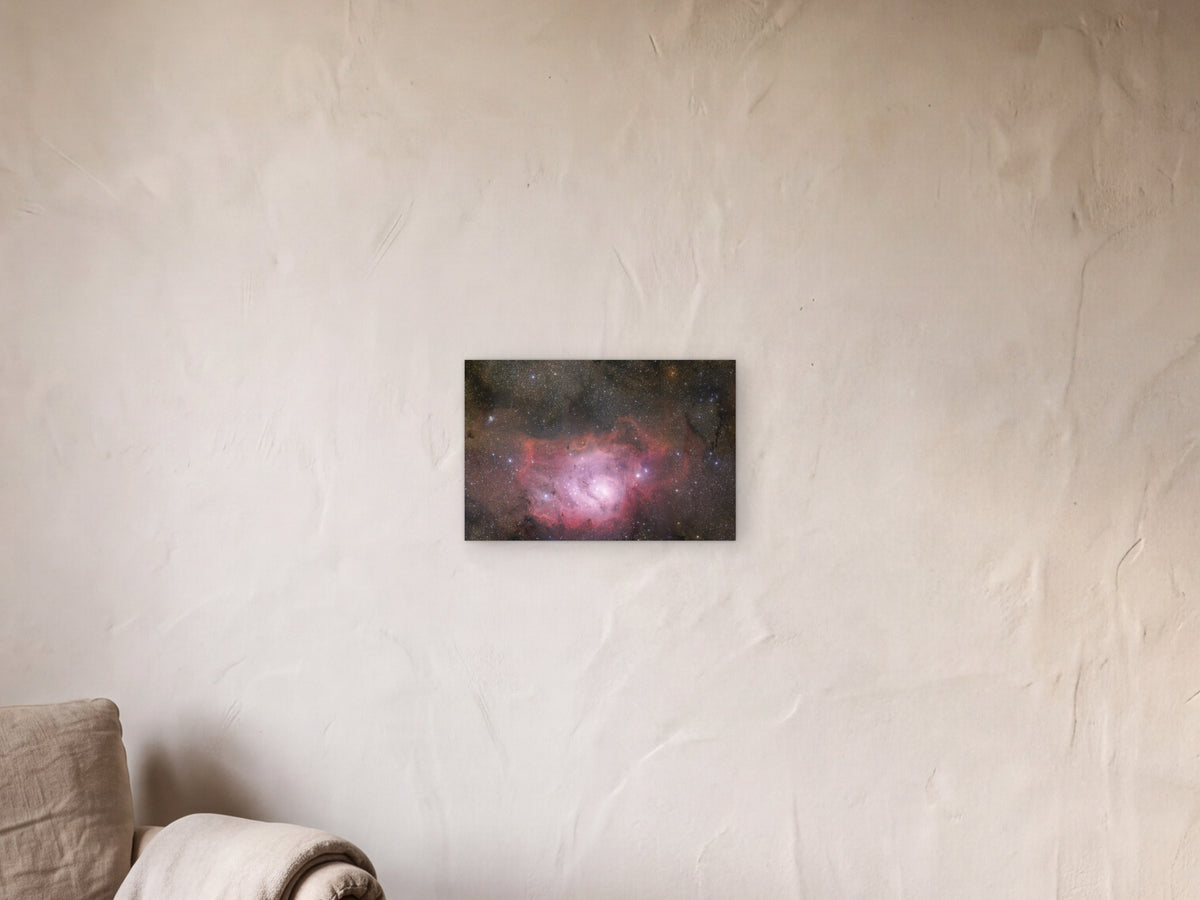 Lagoon Nebula shown in a limewash reading corner beside an armchair and a floor lamp - scale render at 45 × 30 cm