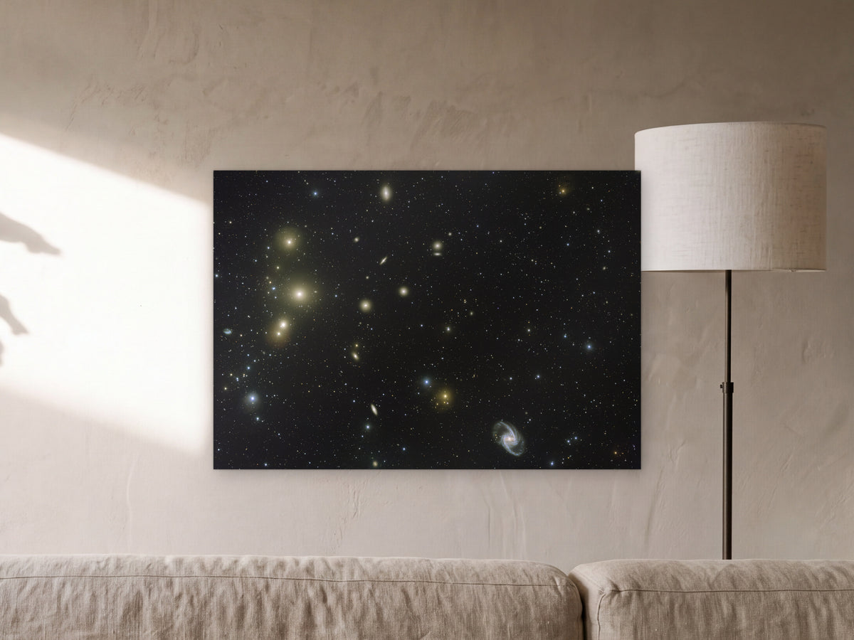 Fornax galaxy cluster shown in a sunlit limewash living room with a leaf shadow on the wall - scale render at 100 × 70 cm