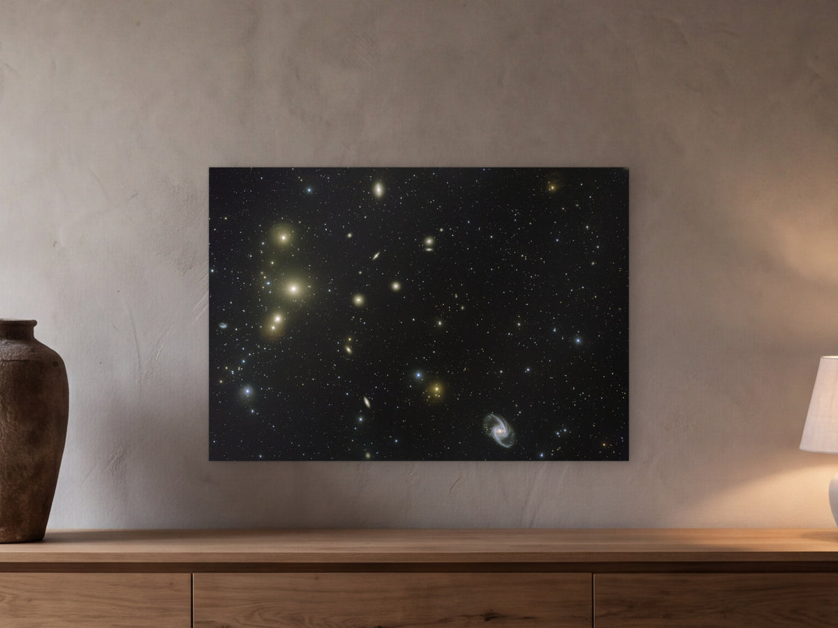 Fornax galaxy cluster shown in a beamed room with a greige plaster wall above a long oak sideboard - scale render at 100 × 70 cm