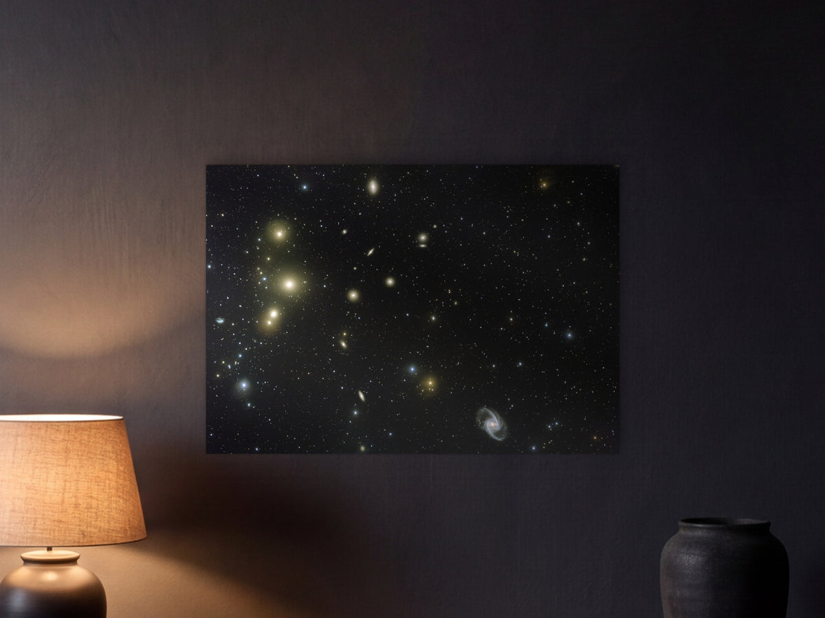 Fornax galaxy cluster shown in a graphite plaster wall at night, lit by a console lamp - scale render at 100 × 70 cm