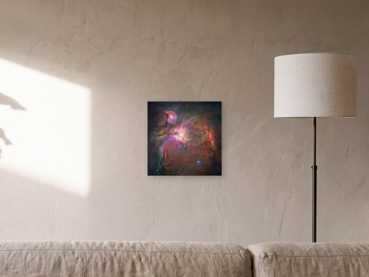 Orion Nebula shown in a sunlit limewash living room with a leaf shadow on the wall - scale render at 40 × 40 cm