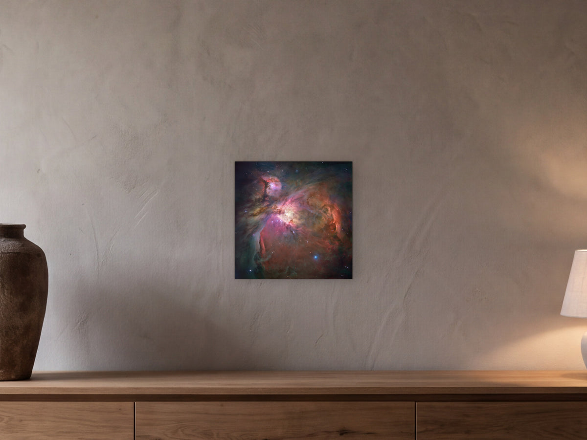Orion Nebula shown in a beamed room with a greige plaster wall above a long oak sideboard - scale render at 40 × 40 cm