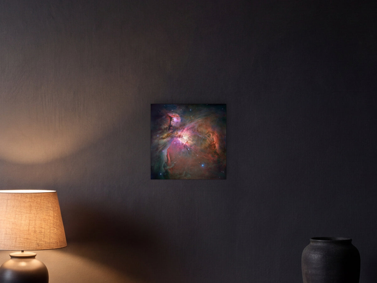 Orion Nebula shown in a graphite plaster wall at night, lit by a console lamp - scale render at 40 × 40 cm