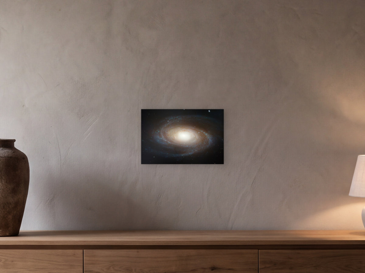 spiral galaxy M81 shown in a beamed room with a greige plaster wall above a long oak sideboard - scale render at 45 × 30 cm