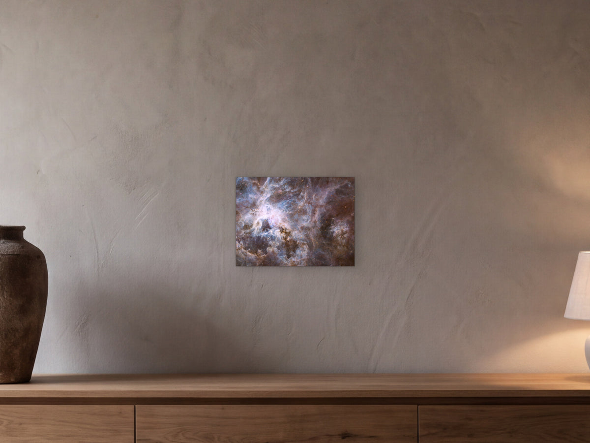 Tarantula Nebula shown in a beamed room with a greige plaster wall above a long oak sideboard - scale render at 40 × 30 cm