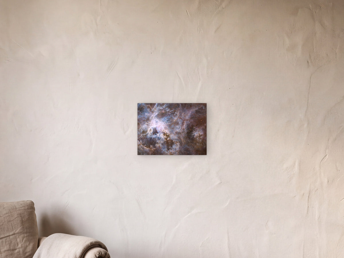 Tarantula Nebula shown in a limewash reading corner beside an armchair and a floor lamp - scale render at 40 × 30 cm